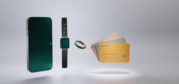 Smartphone with empty screen, watch, ring and credit card set isolated on grey background. Contactless payment concept, digital secure online transaction, nfc technology. Realistic 3d illustration
