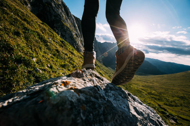 istock Successful woman backpacker hiking on sunset alpine mountain peak 1334817465
