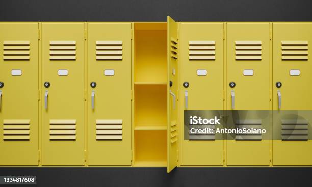 Yellow Lockers With One Of Them Open Stock Photo - Download Image Now - Locker, Education, Open