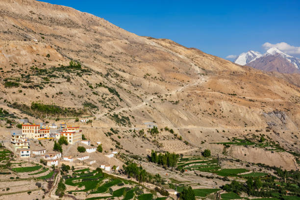 monastero di dhankar gompa e villaggio di dhankar, valle dello spiti, himachal pradesh, india - dhankar monastery foto e immagini stock