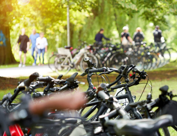 istock Bicycles parked in a park, exposed by selective focus 1334818731