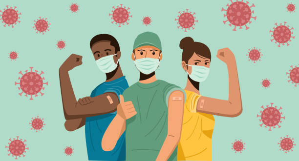 ilustrações de stock, clip art, desenhos animados e ícones de people showing their arms after receiving covid-19 vaccination - coronavirus