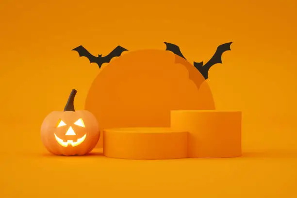 Photo of 3D Pumpkins for Halloween and Empty Product Stand, Podium, Exhibition