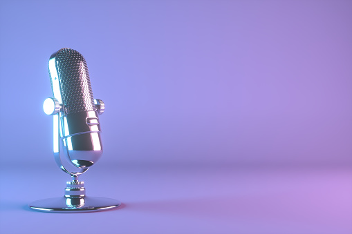 Old style microphone with retro background, color gradient. Vintage concept. Neon lights.