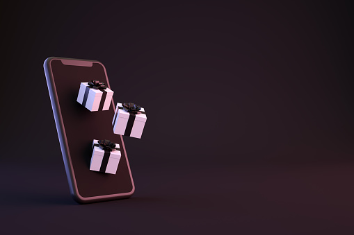 3d rendering of Black Gift Box with Smart Phone. Minimal Black Friday Concept.