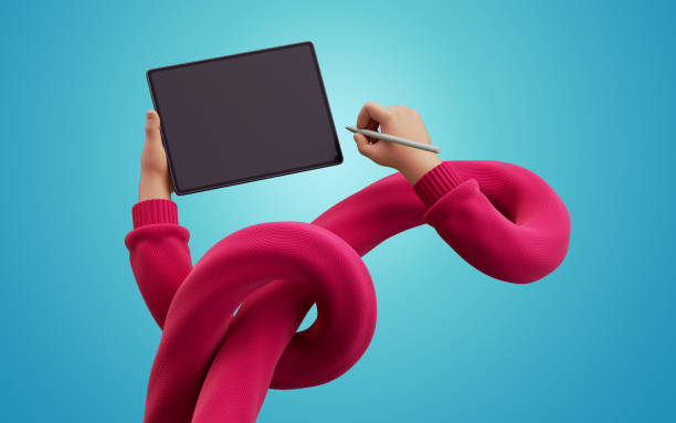 3d render, cartoon flexible tangled hands in red sweater, hold blank graphic pad with blank screen and digital pen. Wireless gadget, electronic device. Funny clip art isolated on blue background