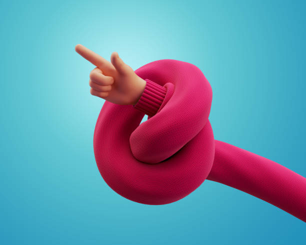 istock 3d render, cartoon character knotted hand in red sweater points forward, pointing finger, shows direction. Funny clip art isolated on blue background 1334823040