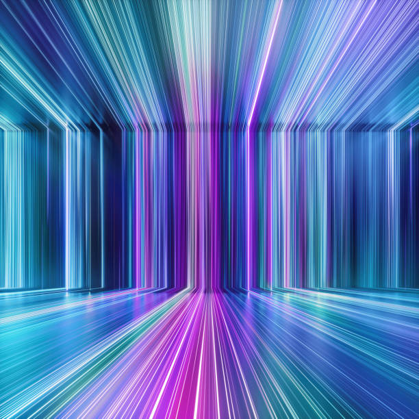 istock 3d render, abstract blue pink neon background with glowing lines. Empty virtual room box 1334823062