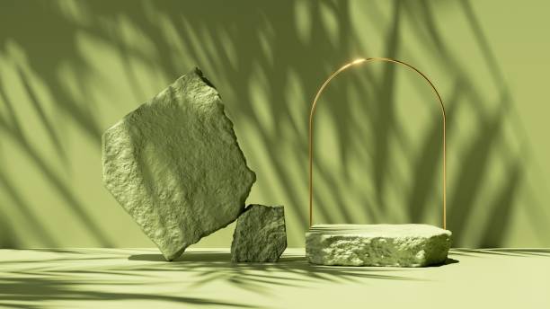 istock 3d render, abstract green background with shadows and bright sunlight. Minimal showcase scene with cobblestones podium and golden arch for organic cosmetic product presentation 1334823169