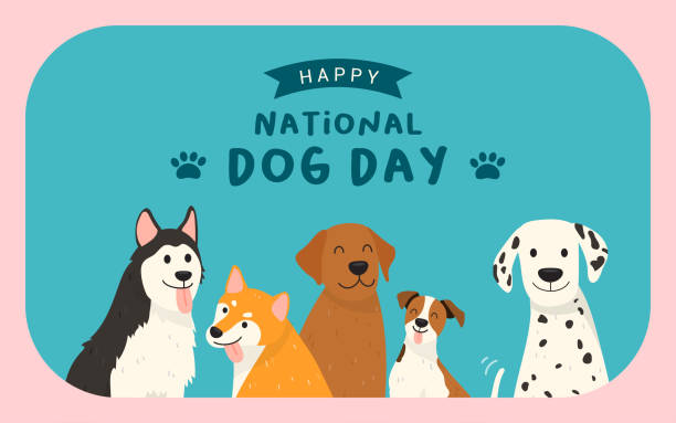 happy national dog day greeting card vector design. śliczne psy z kreskówek na niebieskim tle - terrier dog puppy animal stock illustrations