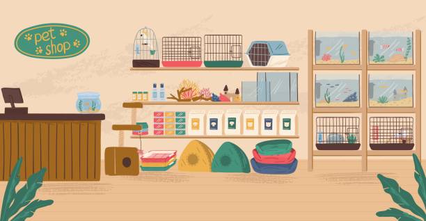 Pet Shop Interior Concept Vector Illustration Animal Store With Canine Food  Birds Cage Aquarium With Fish And Dog Bed Stock Illustration - Download  Image Now - iStock