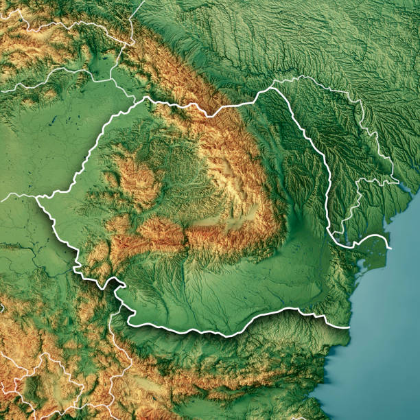 istock Romania 3D Render Topographic Map Color Border 1334825222