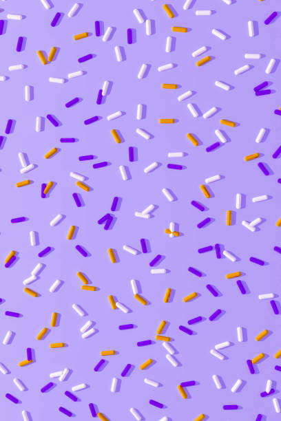 Random pattern of abstract oblong cylindrical geometric element in white, yellow, purple color on light background. Biotechnology global research on disease. Healthcare and medicine concept. 3D Render