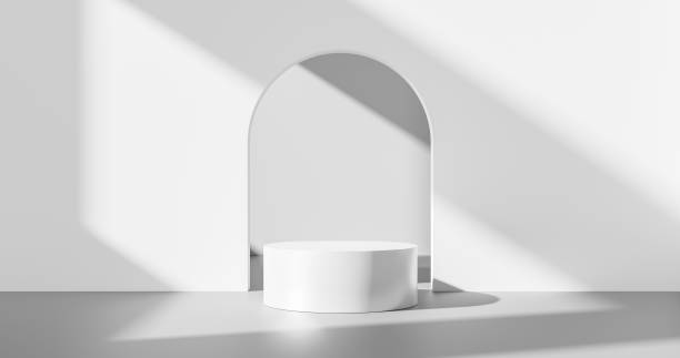 istock White product background or empty blank space room design and window light minimal shadow display platform stage on interior podium pedestal scene backdrop stand with studio showcase. 3D render. 1334826532