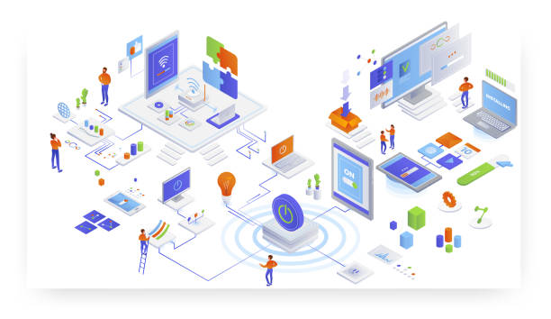 illustrations, cliparts, dessins animés et icônes de prestation de services de ti, cdn. logiciel, installation de l’application. technologie de réseau sans fil, illustration isométrique vectorielle - computer isometric network server computer icon