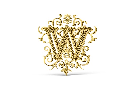 Golden decorative 3d letter W with ornament isolated on white background - 3D render