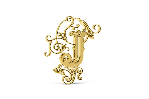 Golden decorative 3d letter J with ornament isolated on white background - 3D render