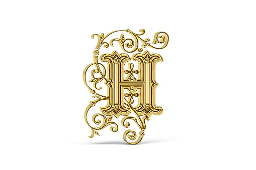 Golden decorative 3d letter H with ornament isolated on white background - 3D render