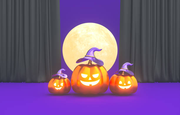 istock Cute 3d Halloween Pumpkins with the moon. Halloween background. 1334828580