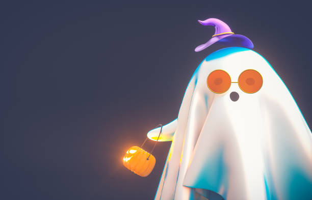 istock Cute 3d Halloween Ghost character holding pumpkin bucket. Halloween background. 1334828593