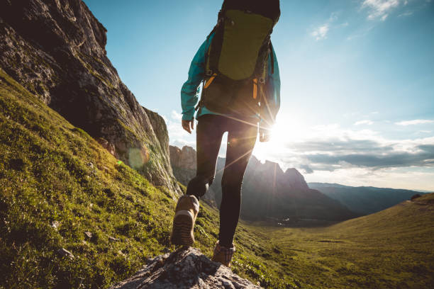 istock Successful woman backpacker hiking on sunset alpine mountain peak 1334829725