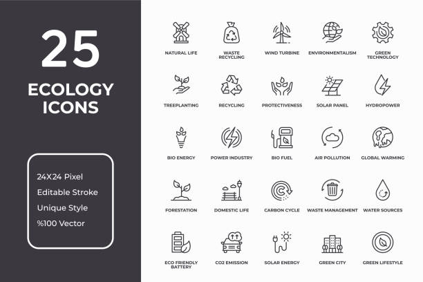 생태 얇은 선 아이콘 세트 - carbon dioxide industry environment technology stock illustrations