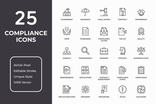 Compliance Thin Line Icon Set Vector Style Editable Stroke Compliance Thin Line Icon Set tax icons stock illustrations