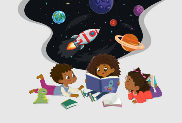 bildbanksillustrationer, clip art samt tecknat material och ikoner med amazed dark skin kids reading fantasy cosmos book together vector illustration. happy children with storybook imagine open space galaxy travel by spaceship with planets and stars isolated on white - kids