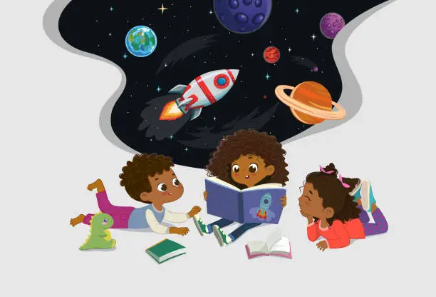 Vector illustration of Amazed dark skin kids reading fantasy cosmos book together vector illustration. Happy children with storybook imagine open space galaxy travel by spaceship with planets and stars isolated on white