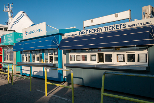 Ferry Ticket Counter at Port of Split in Dalmatia Region, Croatia, with ferry names visible