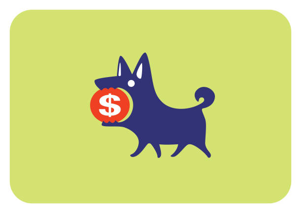 dog holding money sign coin and walking vector illustration of dog holding money sign coin and walking banking silhouettes stock illustrations
