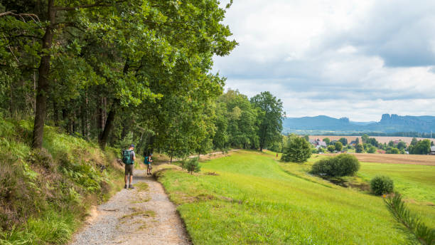 Saxon Switzerland, Saxony, Germany - August 11, 2021: Hiking in nature in Saxon Switzerland in the Elbe Sandstone Mountains. Two hikers on a dirt road at the edge of the forest.