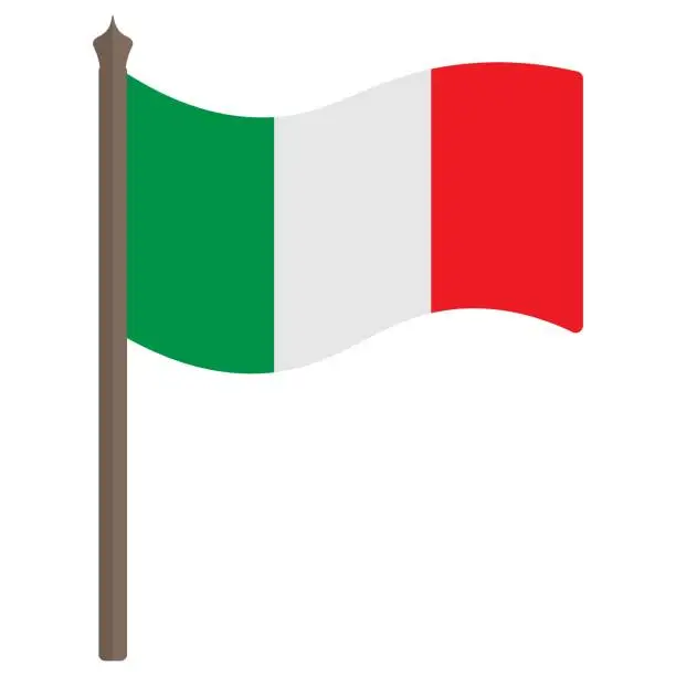 Vector illustration of Flag of Italy. Tricolor fabric cloth. The national symbol of the state develops in the wind. Colored vector illustration. Isolated white background. Political topics. Flat style.