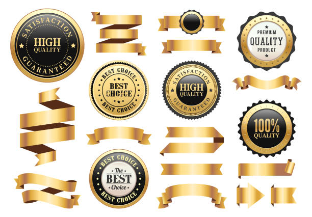 Gold Badges and Ribbons Set Vector illustration of the gold badges and ribbons set label sale seal stamper badge stock illustrations