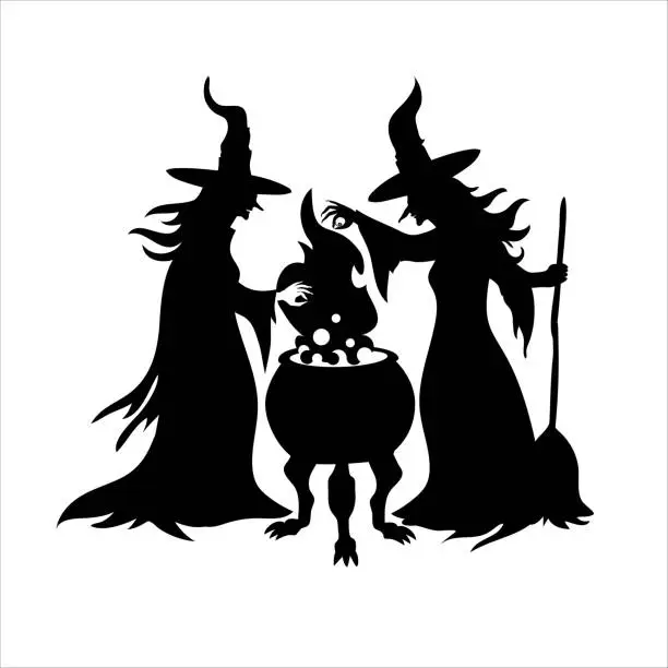 Vector illustration of Black silhouette of two witches with a cauldron. Halloween vector clipart