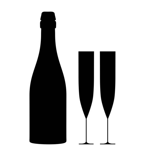 flasche champagner und zwei gläser. silhouette vector illustration. - champagnerglas stock-grafiken, -clipart, -cartoons und -symbole