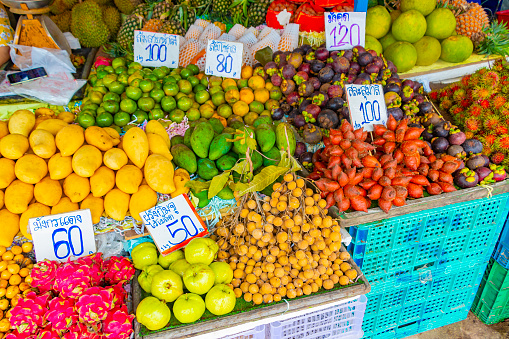 Various offers of Thai food fruits like durian pitaya mangosteen at Bangrak market on Koh Samui in Surat Thani Thailand.