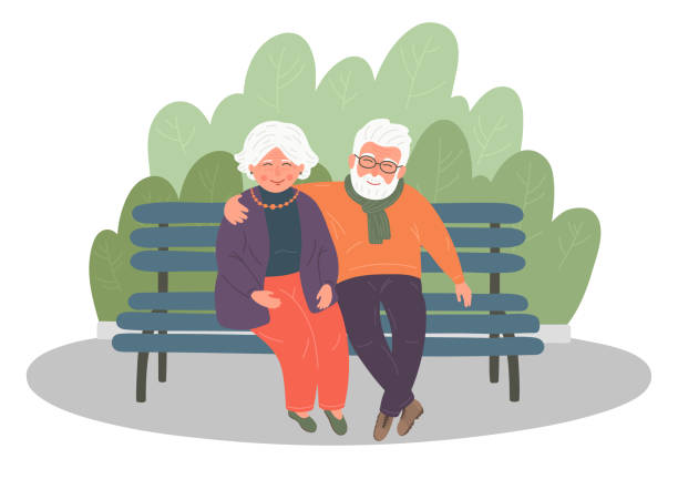 illustrazioni stock, clip art, cartoni animati e icone di tendenza di coppia senior seduta in panchina - senior adult senior couple grandparent retirement