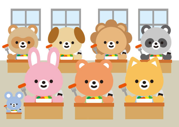 교실에 귀여운 동물 (토끼, 곰, 고양이, 마우스, 너구리, 개, 사자, 팬더) - dog education school cartoon stock illustrations