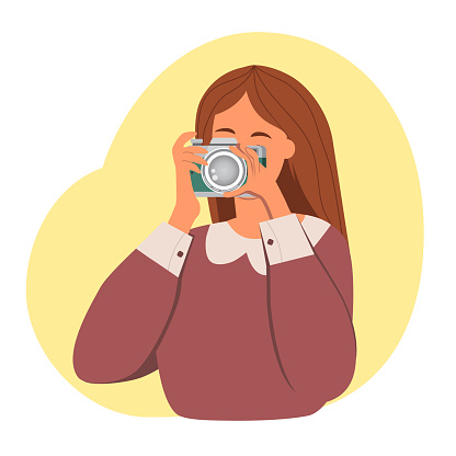 Photographer girl taking photo. Young woman with old retro camera. Vector isolated flat illustration.