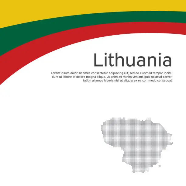 Vector illustration of Lithuania flag, mosaic map on white background. Wavy ribbon with lithuanian flag. Vector flat banner design, lithuania national poster. Cover for business booklet. State patriotic, flyer, brochure