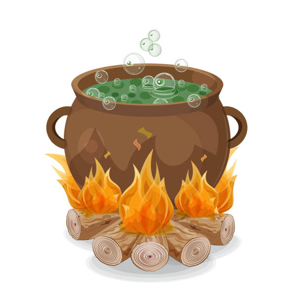 ilustrações de stock, clip art, desenhos animados e ícones de witchs pot with hel on firewood fire - witchs