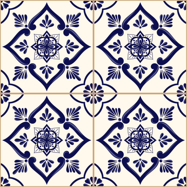 Spanish tile pattern vector seamless with blue and white ornament Spanish tile pattern vector seamless with blue and white ornament. Portuguese azulejos, mexican talavera, sicily majolica or delft dutch ceramic. Mosaic texture for kitchen wall or bathroom floor. dutch baroque architecture stock illustrations