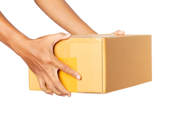 istock Hand holding cardboard boxes isolated on white background. clipping paths. delivery service concept. 1334844452