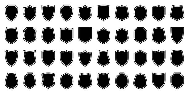 bildbanksillustrationer, clip art samt tecknat material och ikoner med set of various vintage shield icons. black outlined heraldic shields. protection and security symbol, label. vector illustration - rockuppslagsmärke