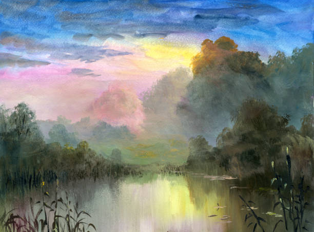 matahari terbenam musim panas di sungai, lukisan minyak - twilight painting ilustrasi stok