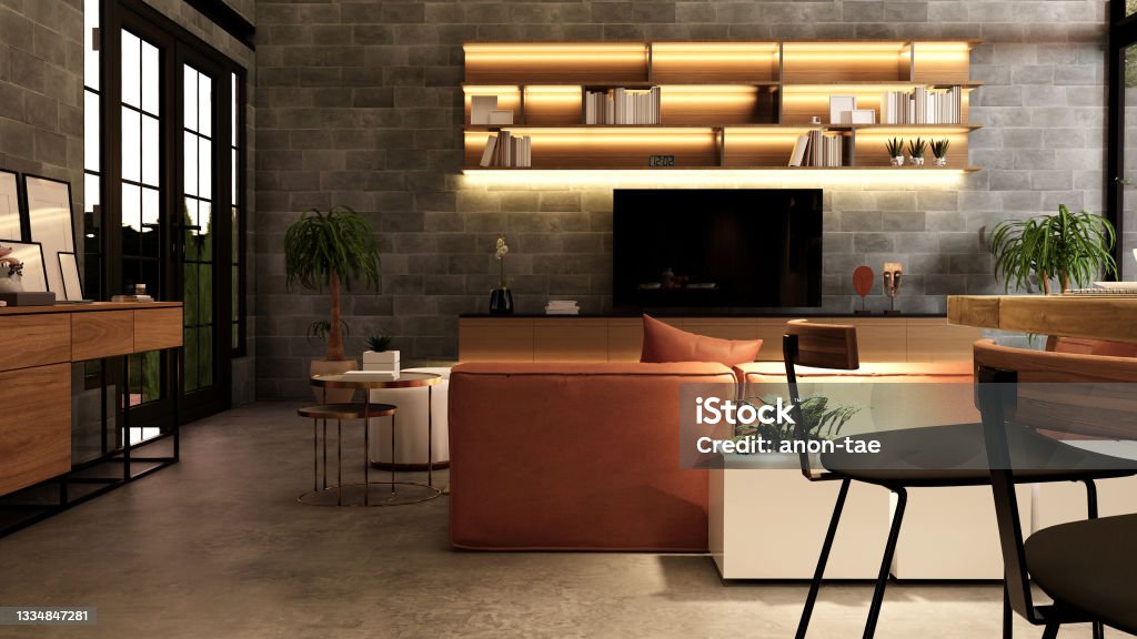 Interior Empty Modern Loft Office open space modern office footage.Modern open concept Lobby and reception area meeting room design. 3D Rendering . Office Stock Photo