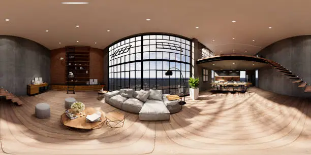 3d illustration spherical 360 vr degrees, a seamless panorama of the room and apartment . interior design 3D rendering.reception in a modern panoramic office