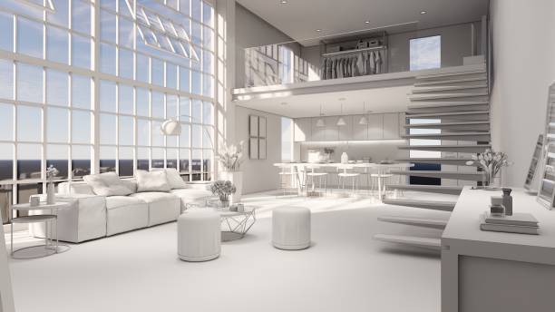 istock Interior Empty Modern Loft Office open space modern office footage.Modern open concept Lobby and reception area meeting room design. 3D Rendering . 1334847299