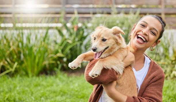 庭で犬をふざけて抱いている魅力的な若い女性の肖像画 - ペットの里親 ストックフォトと画像